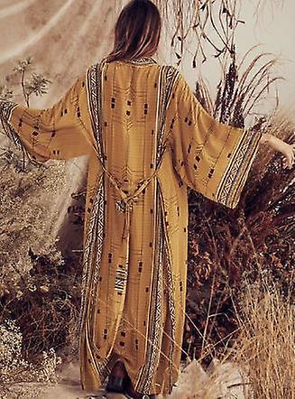 Bohemian Printed Bikini Cover-ups Elegante Self Belted Kimono Dress Tunic Women Plus Size Beach Wear Swim Suit Cover Up Q1228a-1