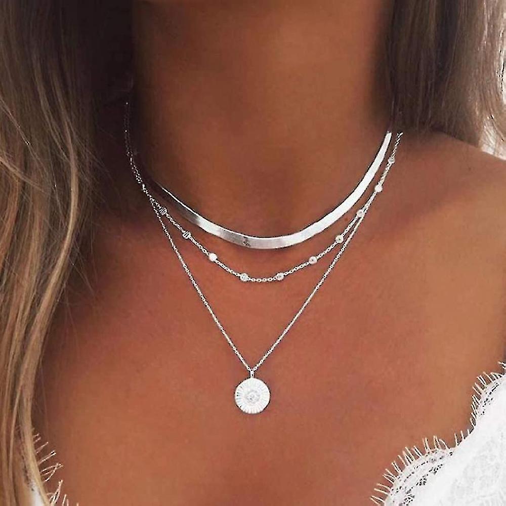 Boho Bead Layered Necklaces With Silver Coin Pendant For Women And Girls