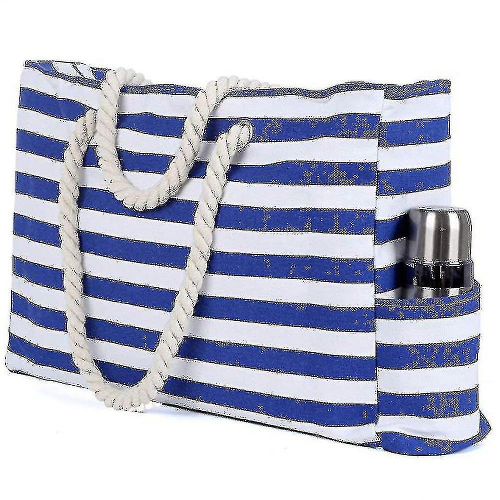 Borsa Da Spiaggia Di Grande Capacità Manico In Corda Di Cotone Borsa Da Spiaggia In Tela A Strisce Blu Inclusa Tasca Interna