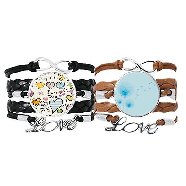 Bracciale Del Tarassaco Del Fiore Blu Cinturino A Mano Leather Love Pattern Wristband Double Set