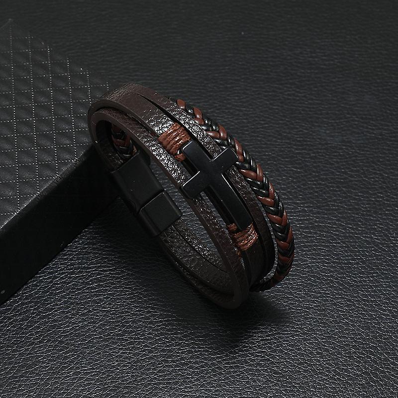 Bracelet Popular European And American Alloy Bracelet Leather Men Black Cross Bracelet Magnet Clasp Multi-layer Simple Woven