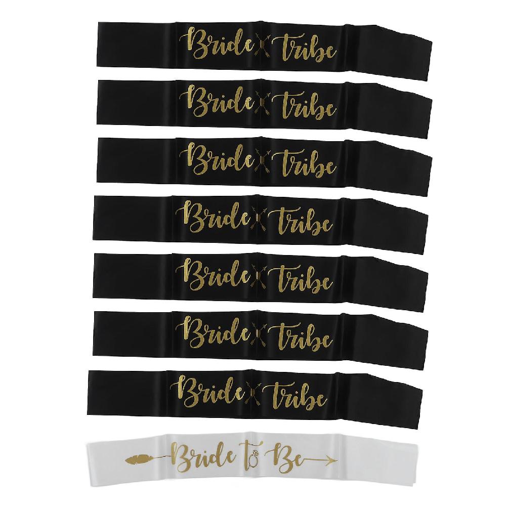 Bride Sash Set - 8Pcs Gold Letters Hypoallergenic Material for Weddings (Black White)