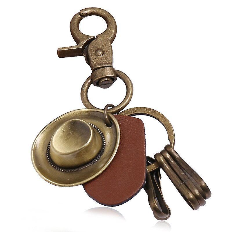 Bronze Cowboy Hat Keychains Brown Leather Pendant Keyrings