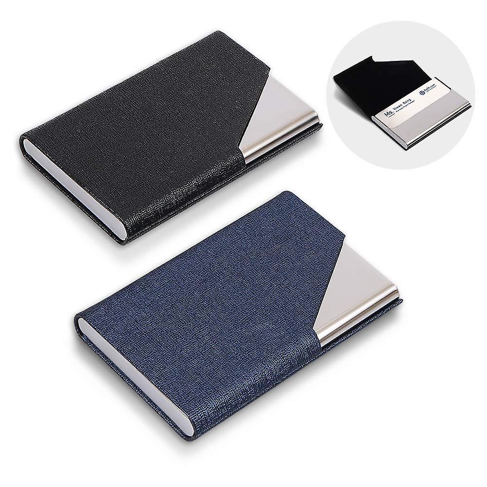 Business Card Holder Slim Professional 2 Packs PU Leather+Stainless Steel Business Card Case for Traveling and Business-Black and Blue