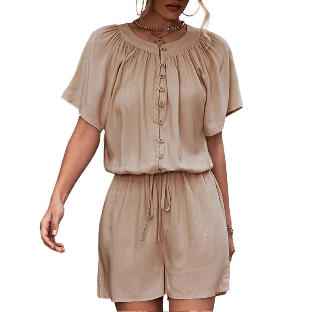 Button Top Tuta corta Lace Up One Piece Pantaloni Casual Girocollo Lavabile in lavatrice per le donne Vacanza Spiaggia Albicocca XL