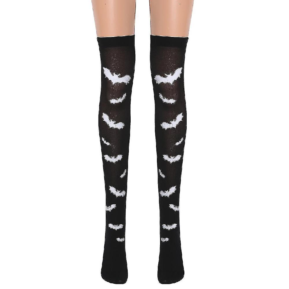 Caraele Calze di Halloween modello pipistrello bianco da donna sopra le calze al ginocchio Calze nere di Halloween