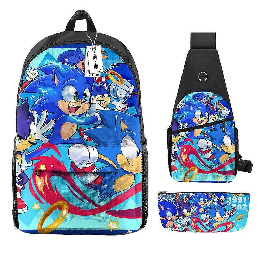Cartoon Sonic Stampato Zaino Per Bambini Borsa A Tracolla Astuccio A Matita Studente Della Scuola Primaria E Secondaria Zaino Set Di Tre Pezzi 38 -HGDMV