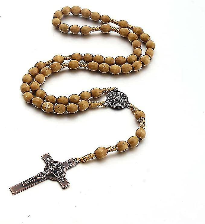 Catholic Cross Rosary Necklace Natural Wood Prayer Beads With Jesus Christ Saint Benedictlight Brown Khw
