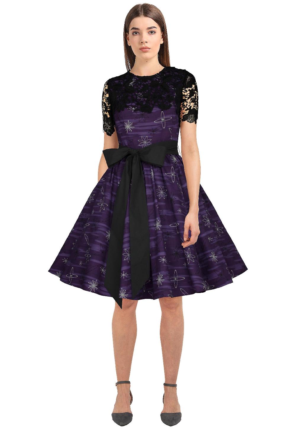 Chic Star Lace Bust Retro Dress In Purple/Print