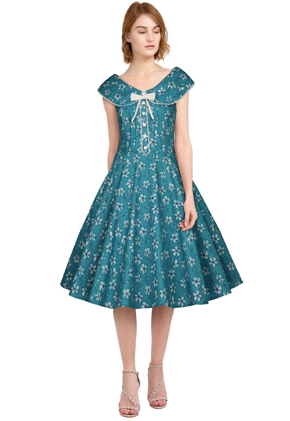 Chic Star Plus Size Pizzo Trim Abito Retrò In Verde Acqua / Floreale