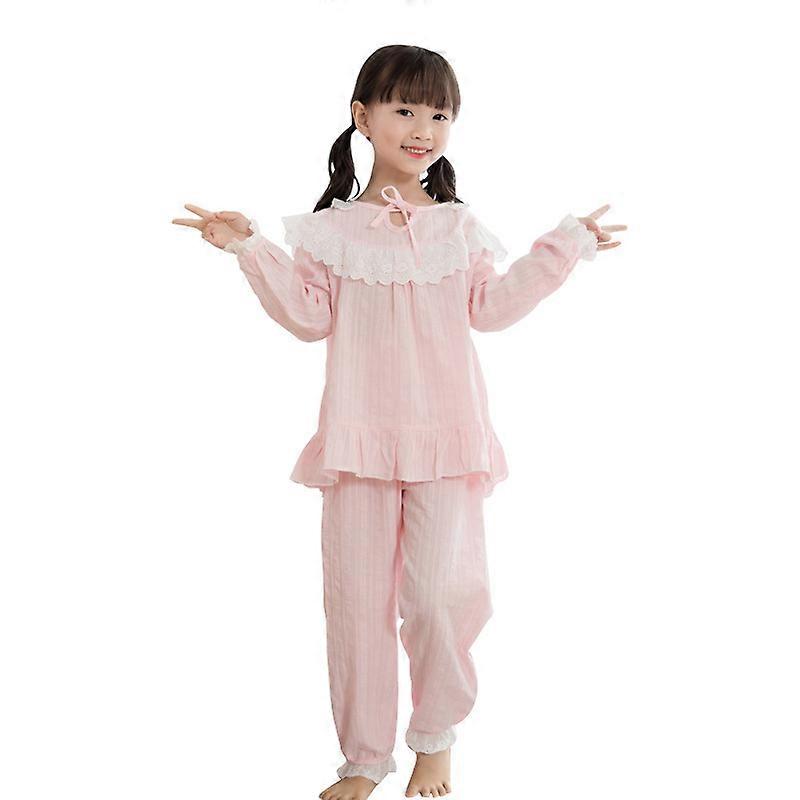 Childrens Solid Two Piece Pajamas Cotton Ruffled Nightgown Lace Sleepwear