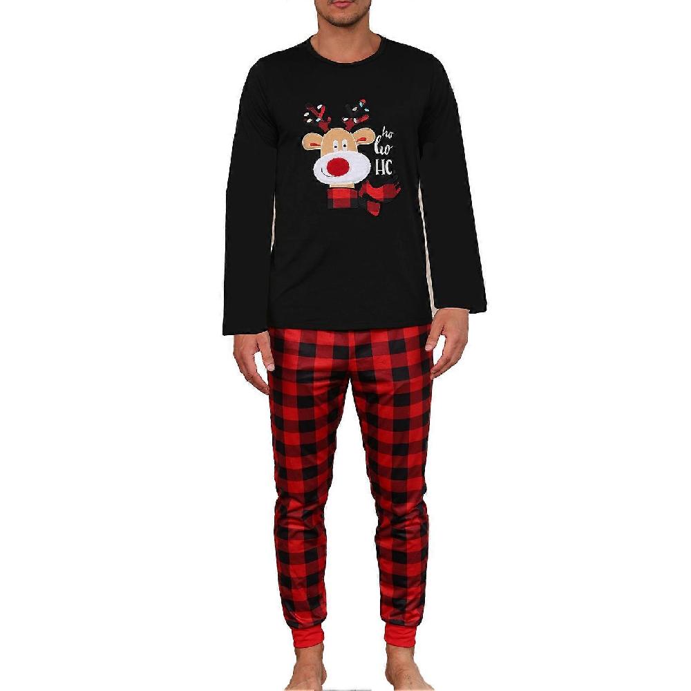 Christmas Deer Embroidery Pattern Pajamas Cozy Christmas Home Wear Loungewear Comfy Grid Print Pants Sleepwear Black Men XXL