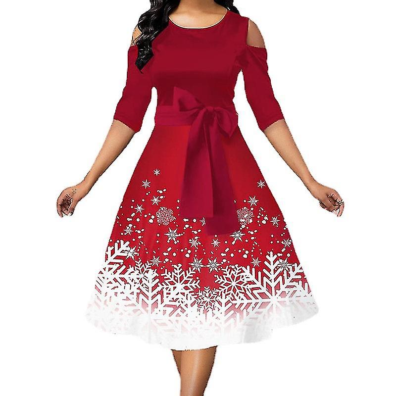 Christmas Dress Women Print Cold Shoulder Round Neck Dress Plus Size Fashion Ladies
