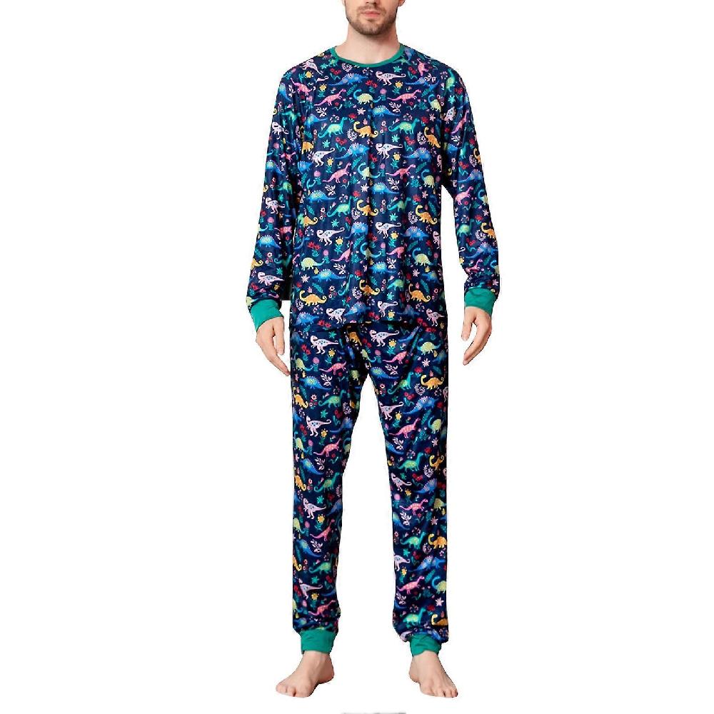 Christmas Family Pajamas Cartoon Dinosaur Printing Round Neck Long Sleeves Sleepwear For Home Blue MEN M