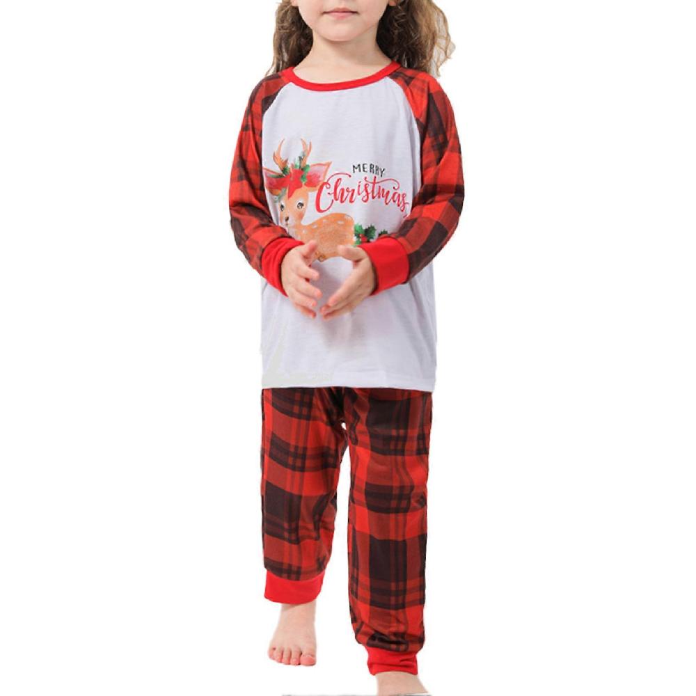 Christmas Family Pajamas Set Plaid Print Crewneck Splicing Elastic Waist Parent Child Sleepwear Red Girl 3-4Y