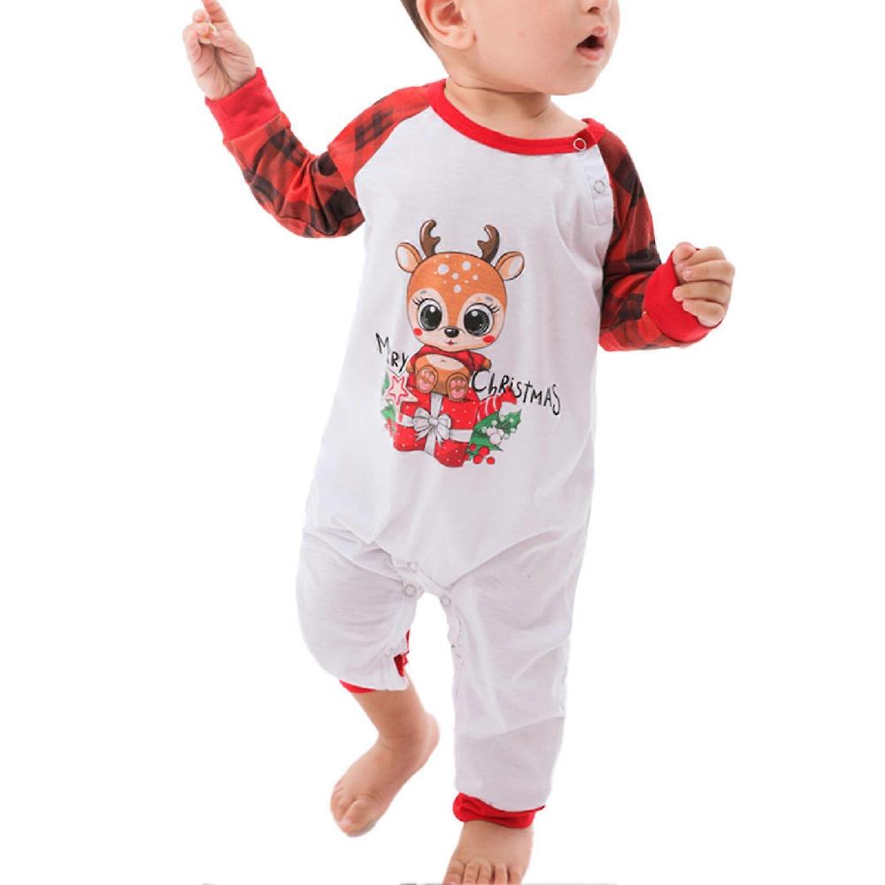 Christmas Family Pajamas Set Plaid Print Crewneck Splicing Elastic Waist Parent Child Sleepwear Red Baby 3-6M