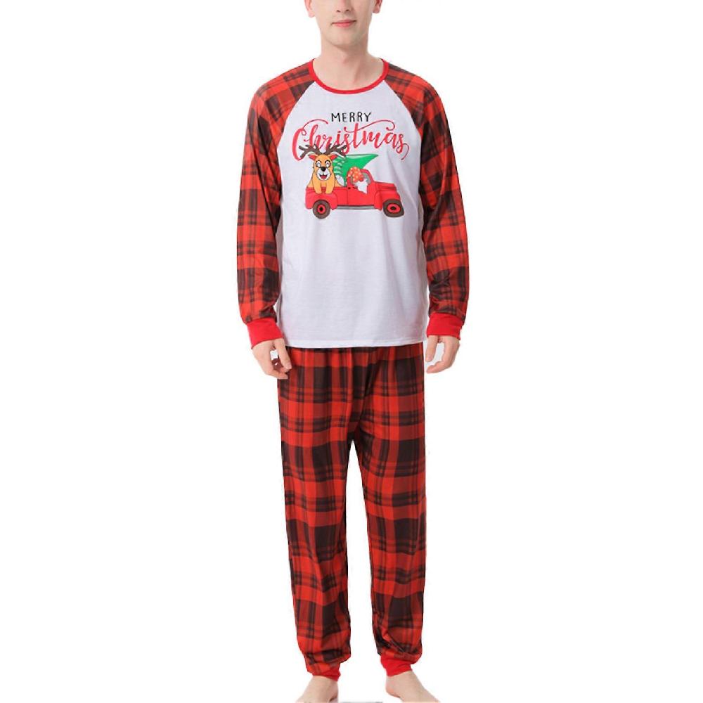 Christmas Family Pajamas Set Plaid Print Crewneck Splicing Elastic Waist Parent Child Sleepwear Red MEN M