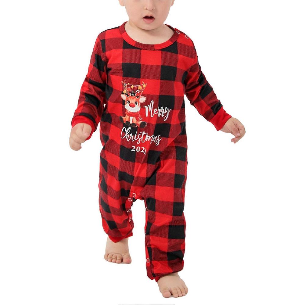 Christmas Family Pajamas Set Soft Color Blocking Crewneck Long Sleeve Loose Cute Animal Plaid Printed Sleepwear Set Christmas Print Baby 912M