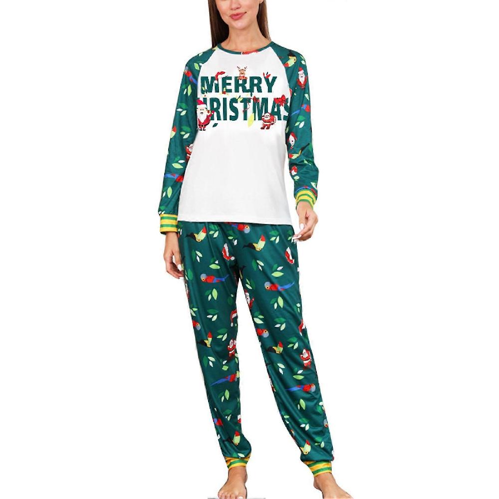 Christmas Loungewear Suit Round Neck Color Block Printed Christmas Long Sleeve Lounge Set Green Women XL