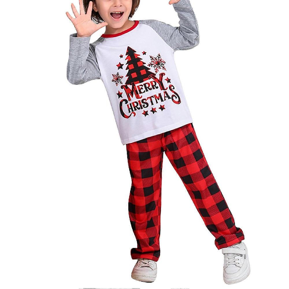 Christmas Pajamas Set Round Neck Long Sleeves Color Block Grid Tree Pattern Family Pajamas Set Red KIDS 6-7Y