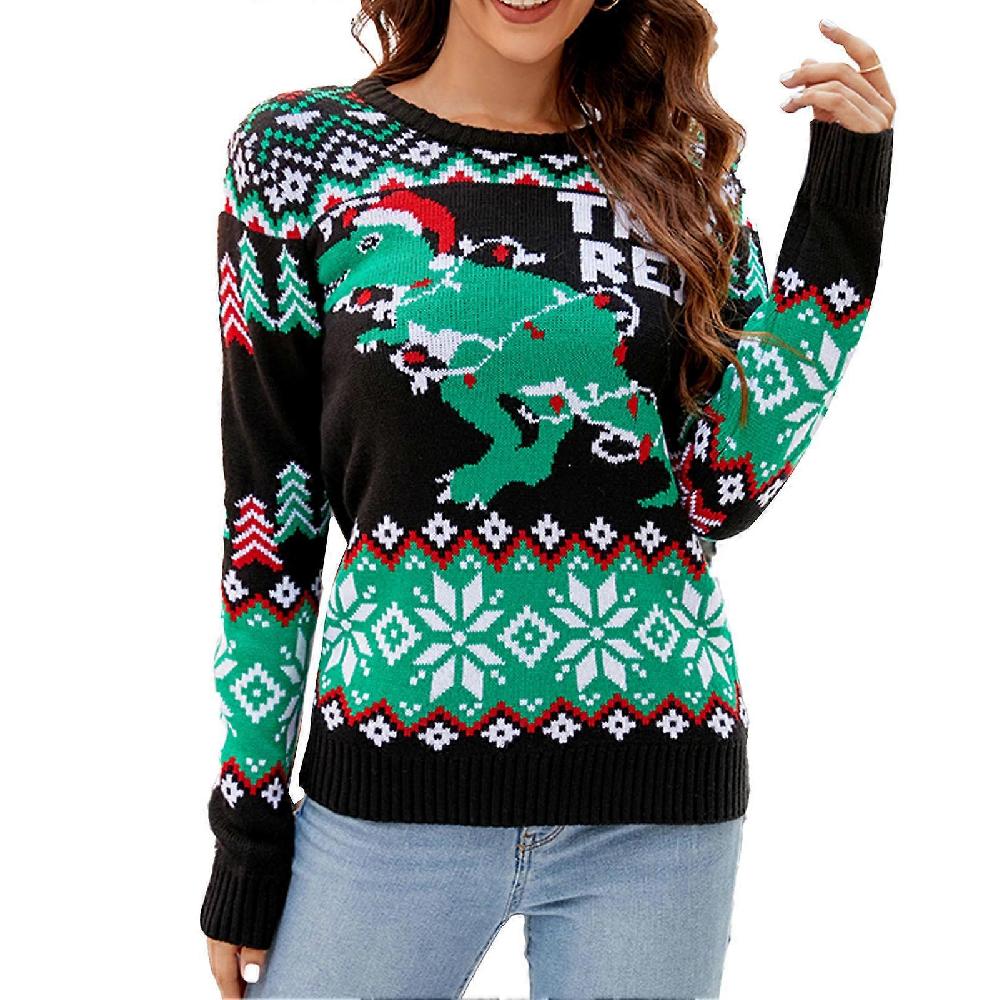 Christmas Sweaters Comfortable Crew Neck Long Sleeve Christmas Sweaters Casual Christmas Sweatshirt For Women A1043 Dinosaur Christmas Sweater S