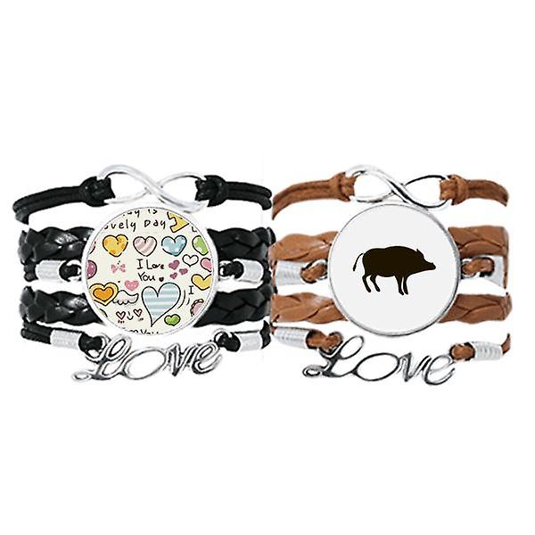Cinghiale nero carino animale ritratto braccialetto mano cinturino pelle amore modello polsino doppio set