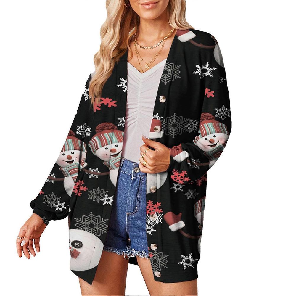 Coat Cardigan Single Breasted Christmas Printed Long Sleeved Fashionable Casual Coat Cardigan For Women Black Snowman XXL