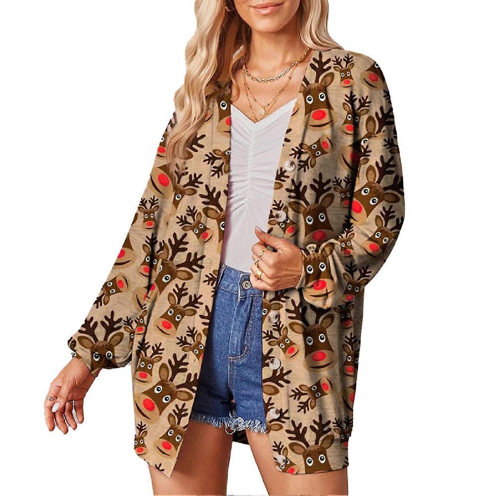 Coat Cardigan Single Breasted Christmas Printed Long Sleeved Fashionable Casual Coat Cardigan For Women Khaki 3XL