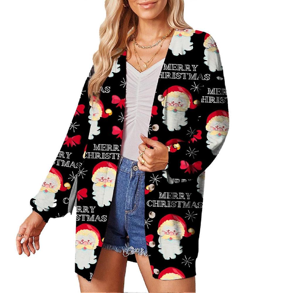 Coat Cardigan Single Breasted Christmas Printed Long Sleeved Fashionable Casual Coat Cardigan for Women Black XL
