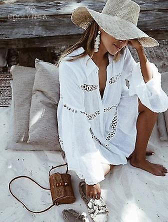Costume da bagno da donna Cover Ups Mandarin Sleeve Kaftan Beach Tunic Dress Robe De Plage Solid White Pareo Beach Cover-ups #q429a-1
