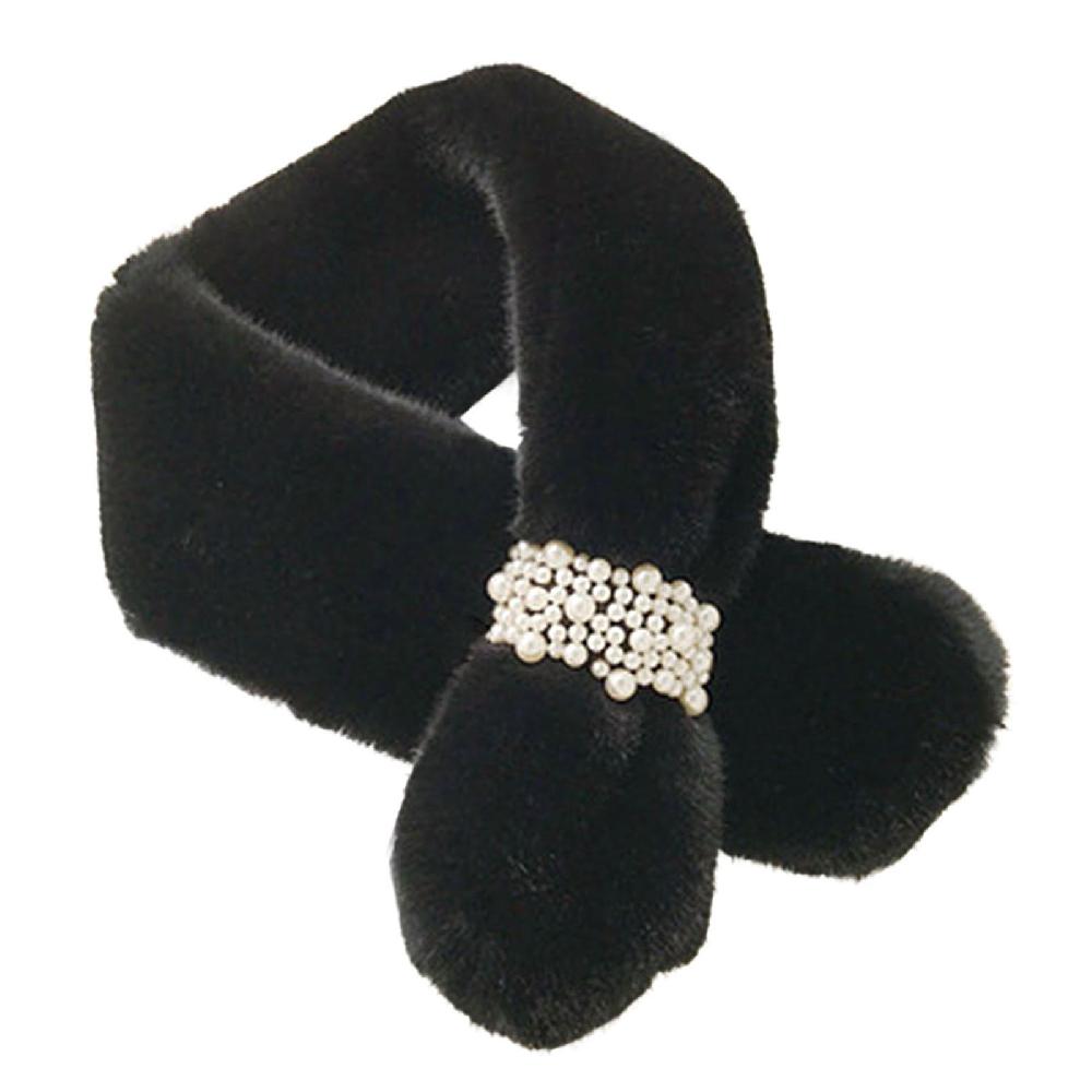 Cross Scarf Faux Pearl Buckle Thickened Cold Resistant Faux Rabbit Fur Women Collar Scarf for Hiking