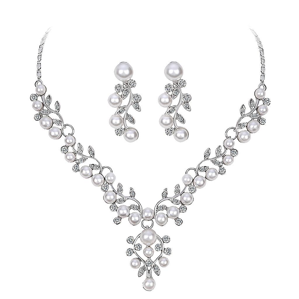 Crystal Rhinestone Pearl Flower Leaf Necklace Earrings Set Wedding Jewelry