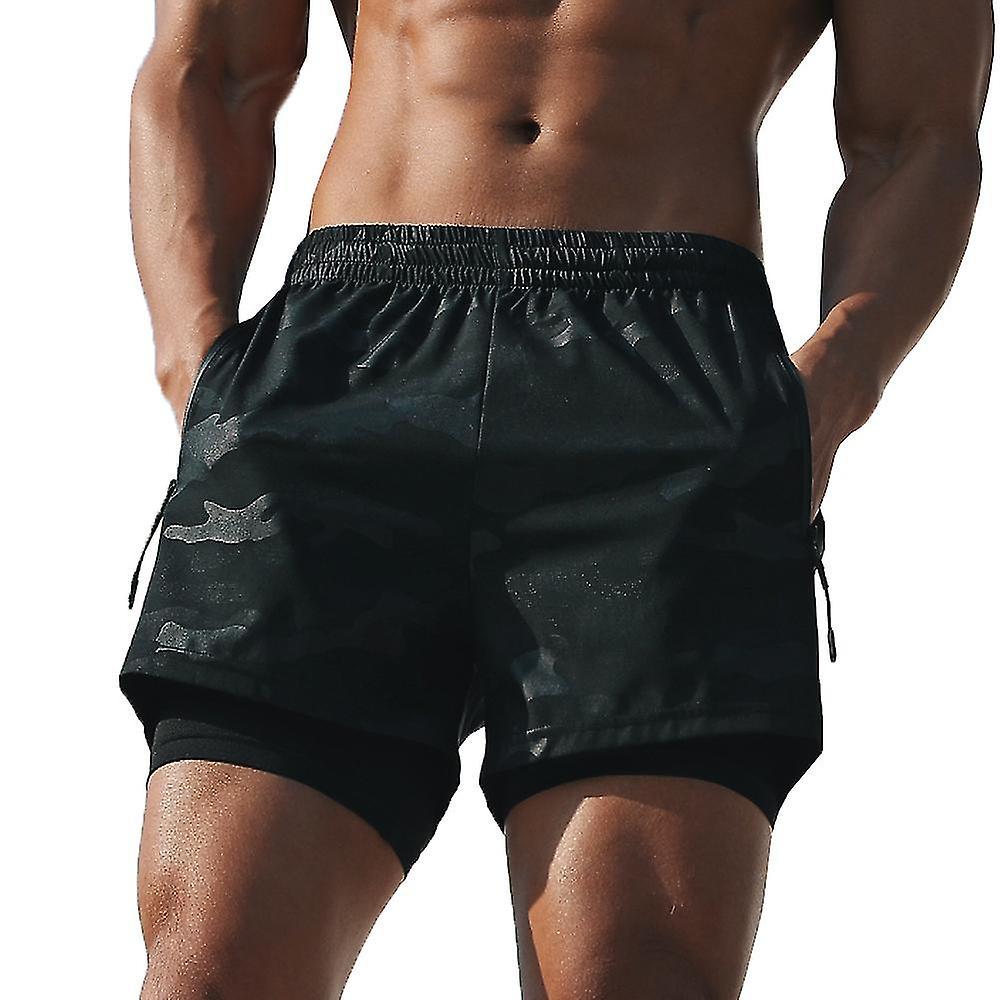 Dark Gray Large Men's 2-in-1 Running Shorts With Pockets - Liner Gym Training Fitness Workout Short Pants