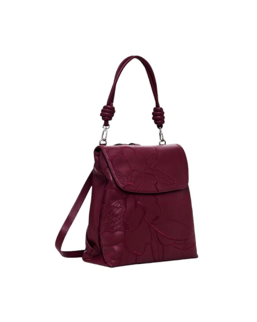 Desigual Womens Floral Embroidered Leather Backpack Burgundy