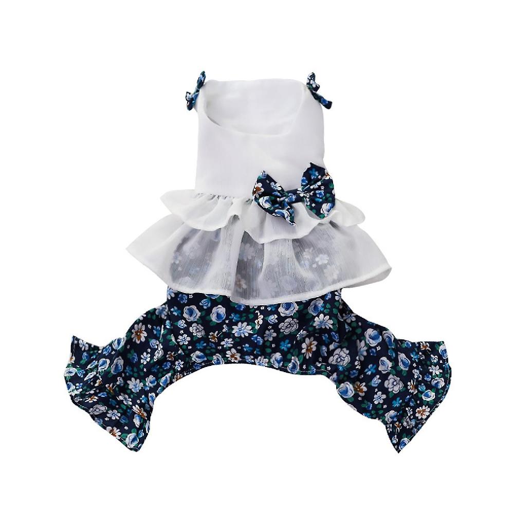 Dog Jumpsuit Round Neck Ruffles Hem Floral Printed Pet Dog Bowknot Romper Pet Supplies