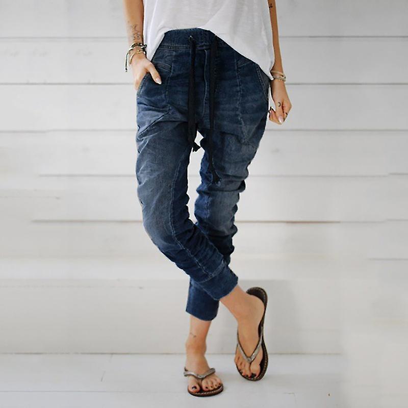 Donna Elastico Vita Goccia Cavallo Jeans Harem Pantaloni Coulisse Denim Pantaloni Lunghi