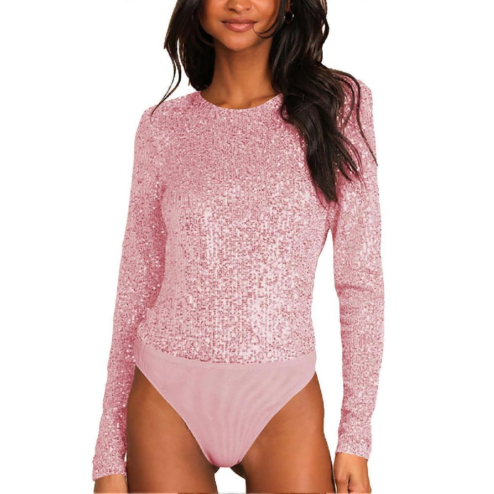 Donna Girocollo Paillettes Tuta Backless Colore Puro Manica Lunga Body Tuta Alla Moda Rosa M