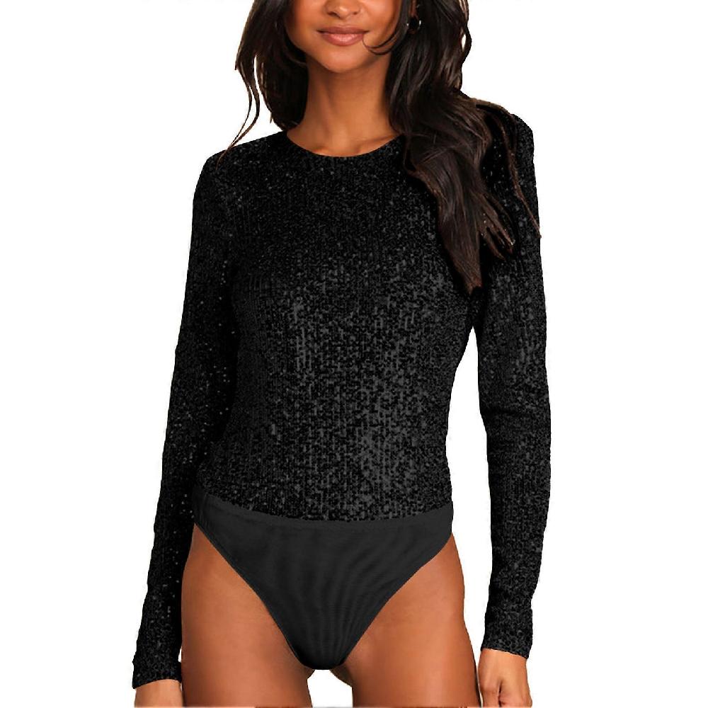 Donna Girocollo Paillettes Tuta Backless Colore Puro Manica Lunga Body Alla Moda Tuta Nero M