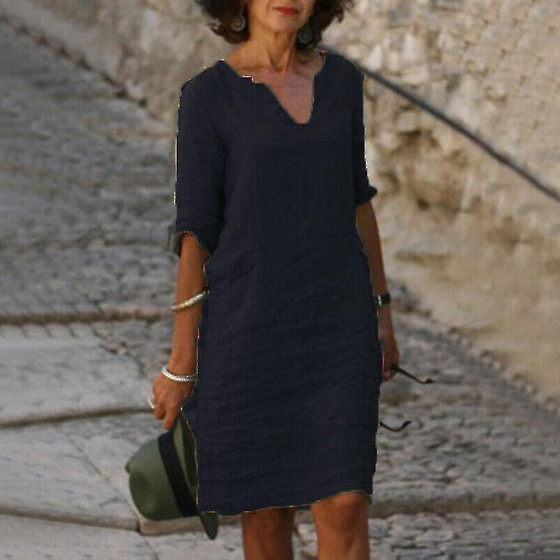 Donna manica corta cotone lino Midi Dress Ladies Solid V Neck Baggy Sundress-9