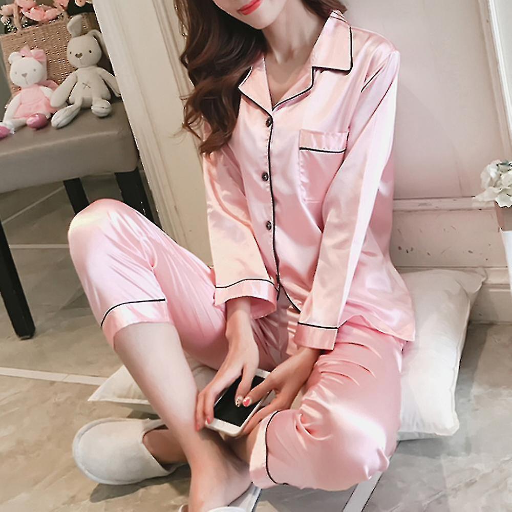 Donna Raso Seta Look Sleepwear Pigiama Manica Lunga Nightwear Set Rosa