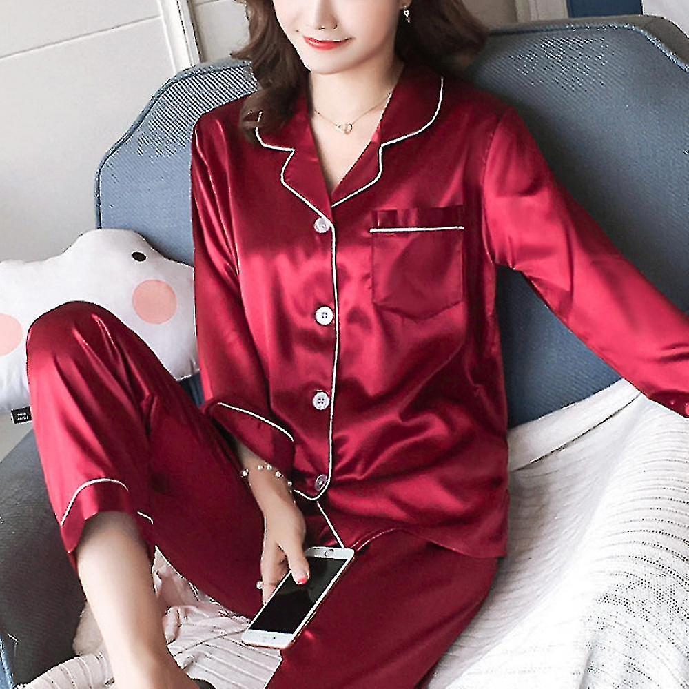 Donna Satin Silk Look Sleepwear Pigiama Manica Lunga Nightwear Set Rosso