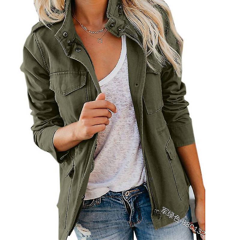 Donna Solid Loose Zipper Multi-pocket Jacket