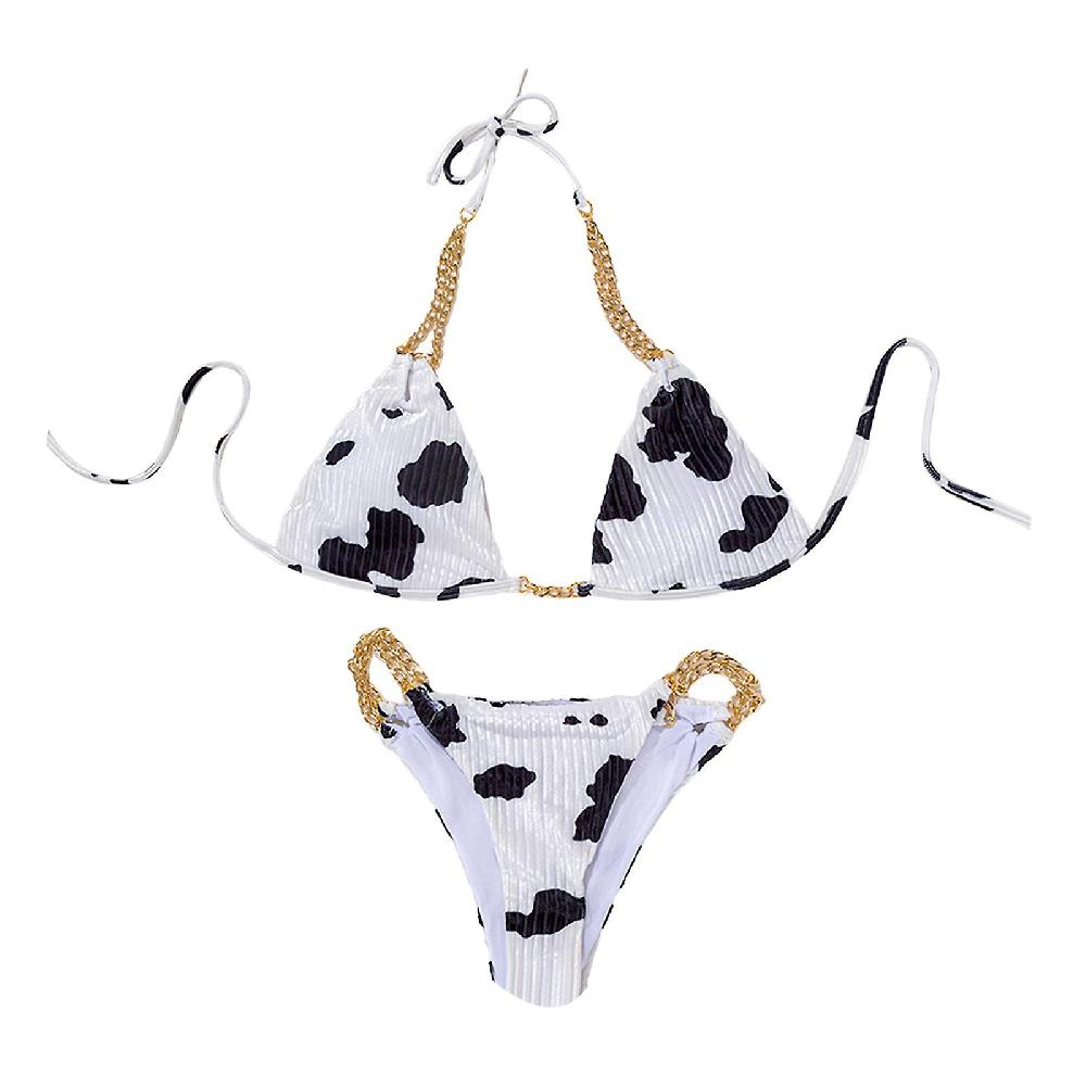 Donne Bikini Set Nero Bianco Stampa Catena Cravatta Backless Costume Da Bagno