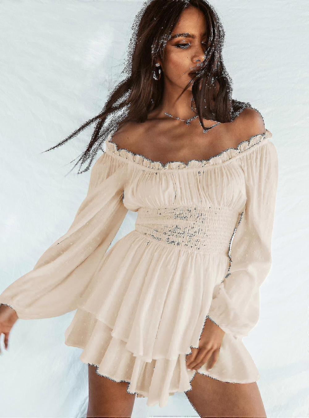 Donne Off Shoulder Long Sleeve Romper Shorts Ruffle Jumpsuit Playsuit