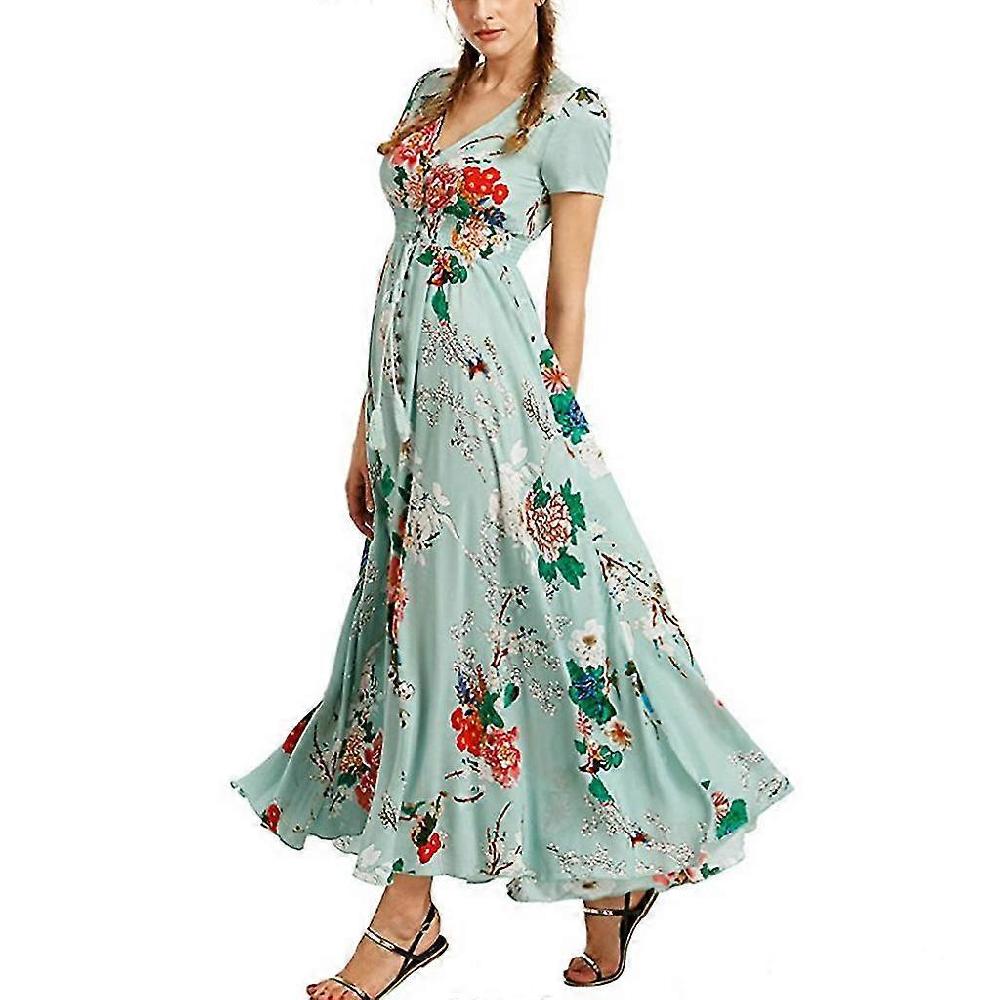 Donne Vacanze Cotone Scollo a V Bottone Su Coulisse Vita Maxi Lungo Fluente Abito Bo