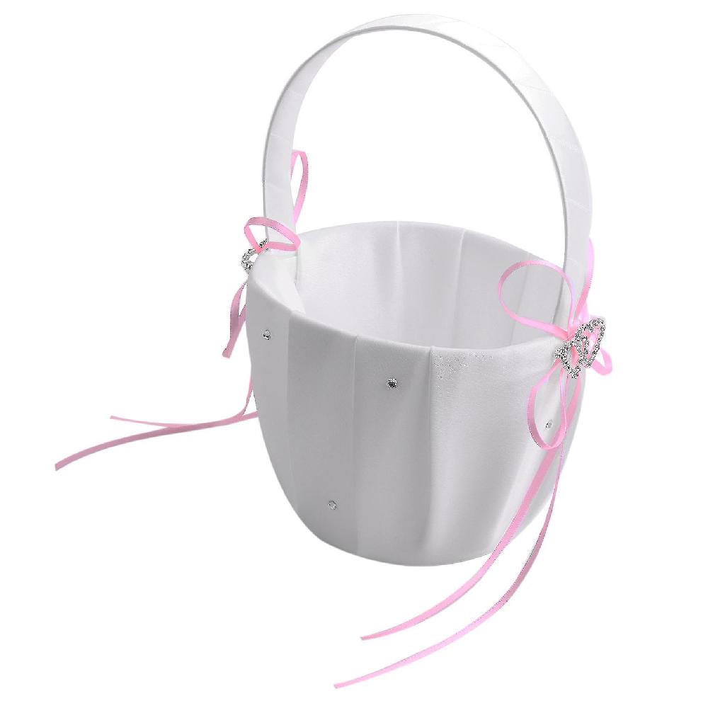 Double Heart Wedding Flower Girl Basket White Satin Rhinestone Decoration Pink Wedding Party Favors