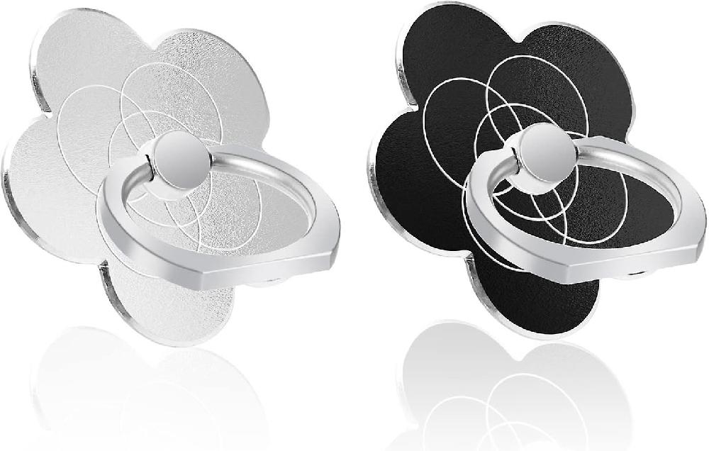 Dww-Lot de 2 (noir + argent) anneaux de support en forme de fleur pour tlphone portable rotation 360 rabat 180 support universel en mtal compa