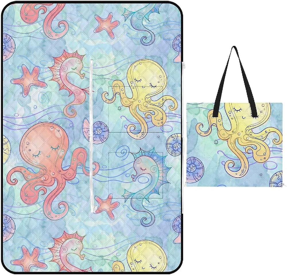 EDGFEWWOI11Seahorse Watercolor Picnic Blanket Outdoor Camping Mat Foldable Portable Tote Bag 3-Layer Waterproof Backing For Outdoors Concerts Beach P