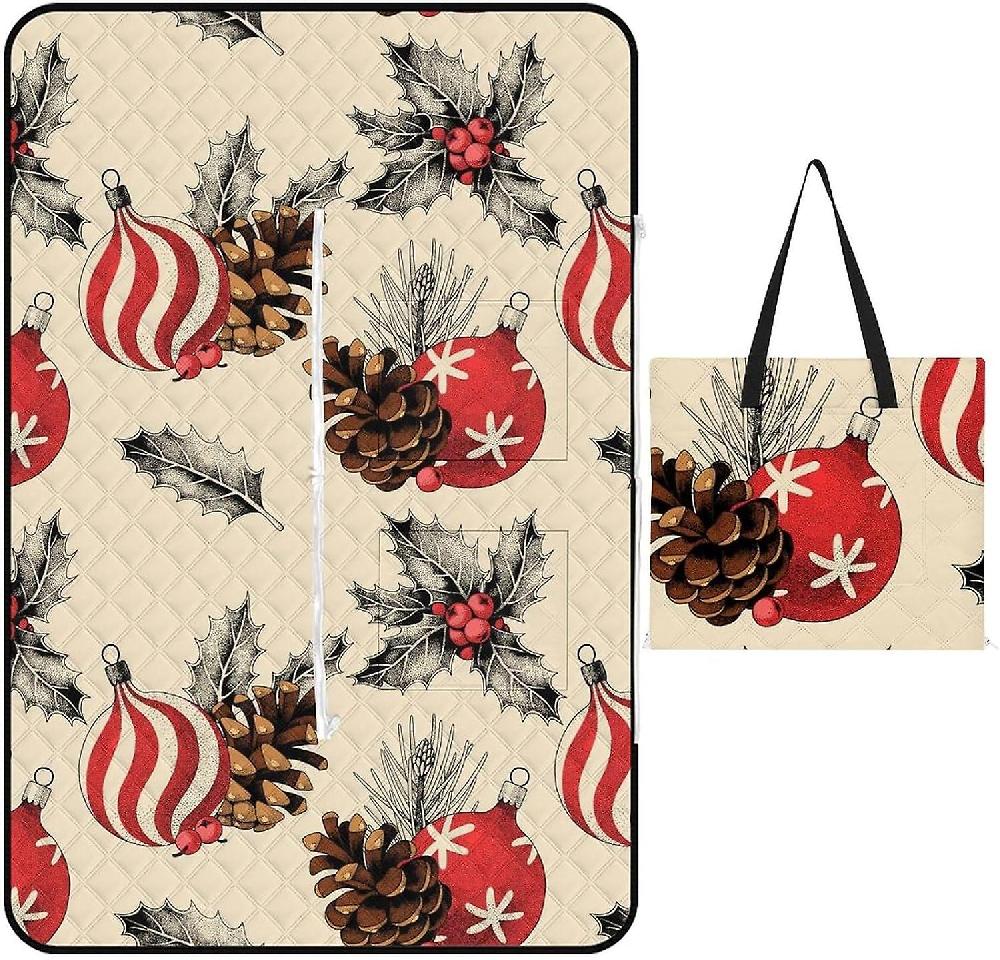 EDGFEWWOI153Christmas Cartoon Vintage Picnic Blanket Outdoor Camping Mat Foldable Portable Tote Bag 3-Layer Waterproof Backing For Outdoors Concerts