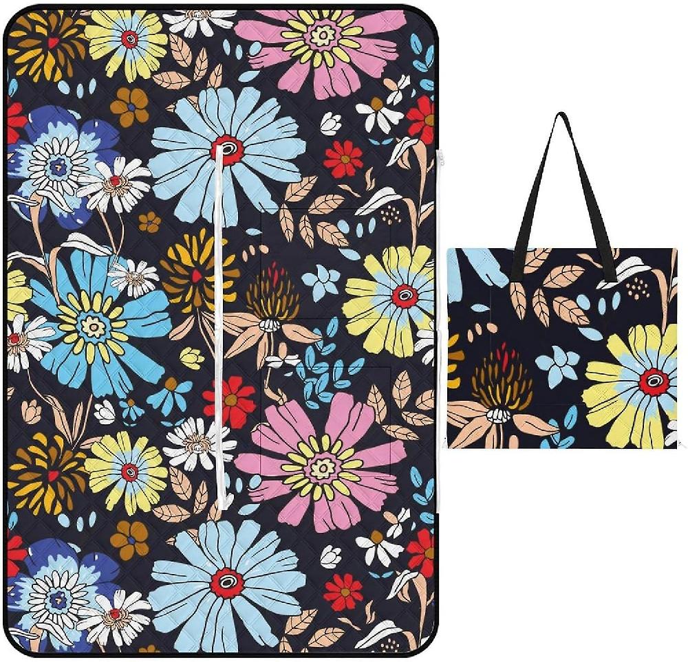 EDGFEWWOI209Flowers Picnic Blanket Outdoor Camping Mat Foldable Portable Tote Bag 3-Layer Waterproof Backing for Outdoors Concerts Beach Park -3